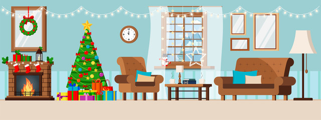 Wall Mural - Cozy new year interior wall christmas decorated living room with window with winter landscape in flat cartoon style.