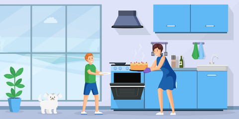 People baking cake flat vector illustration. Smiling woman and little kid in kitchen together cartoon characters. Housewife taking fresh homemade pastry from oven, mother and son cooking dessert