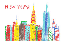Like Child's Hand Drawing New York City Skyscrapers. Crayon, Pencil Or Pastel Chalk Like Kids Drawn Urban Town Building Vector Banner Background. Funny Doodle Cityscape Bright Painting Style
