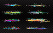 Glitch set on dark background. Collection of color distortions. Data error templates. Random color pixels and shapes. Video problem texture. TV no signal. Vector illustration