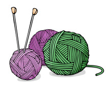 Balls Of Wool For Knitting Green And Purple Colors And Knitting Needles.