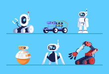Robots Flat Vector Illustrations Set. Droids On Wheels, With Legs. Smart Systems. Machine Robotic Technology. Plaything Gadgets On Shelf. Artificial Intelligence Mechanisms. Cartoon Electronic Toys