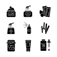 Sticker - Waxing equipment glyph icons set. Natural hot honey wax strips with spatula. Hair removal tools. Body lotion, spray, oil for depilation. Silhouette symbols. Vector isolated illustration