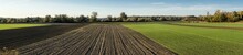 Panorama Of Autumn Fields With Green Winter Cereals And Freshly Plowed And Harrowed Fields