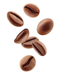 Poster - Falling coffee beans isolated on white background, clipping path, full depth of field