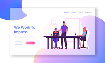 Wall Mural - Businesspeople Work in Company, Teamwork Website Landing Page. Business Team Sitting at Office Desk with Laptops Working in Studio. Office Employees Web Page Banner. Cartoon Flat Vector Illustration