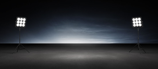 Wall Mural - dark floor background spot light scene with epic sky horizon
