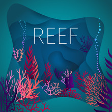 3D Abstract Background With Coral Shapes. Vector Design Layout. Colorful Carving Art - Blue, Pink And Violet Coral Reefs On A Blue Background. Deep Ocean Picture. Word Reef.