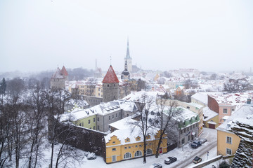 Wall Mural - View from the observation deck of the old snowy Tallinn