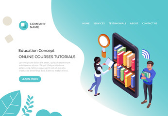 Wall Mural - Online courses tutorials web library university concept. Vector flat cartoon graphic design illustration