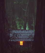 Light From Window Of An Old Cabin In Haunted Forest,3d Illustration