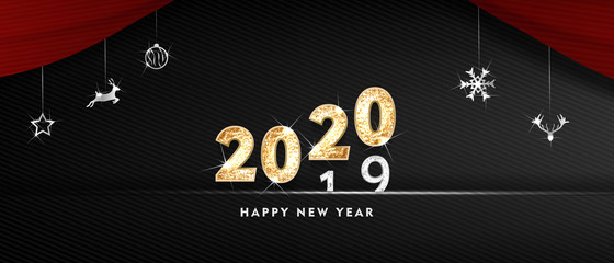 Wall Mural - 2020 Happy new year. Gold Design of greeting card. Gold Shining Pattern. Happy New Year Banner with 2020 Numbers on Bright Background. Vector illustration	