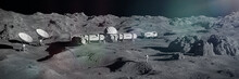 Astronaut On Moon Surface, Lunar Landscape With Permanent Base