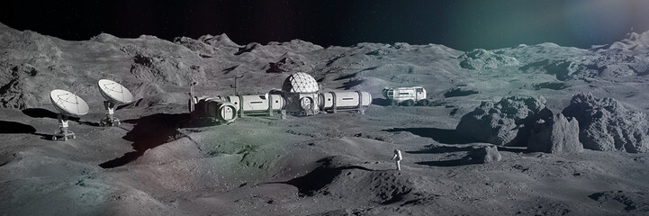Wall Mural - astronaut on moon surface, lunar landscape with permanent base
