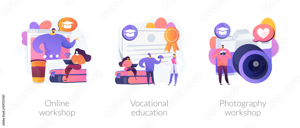 Internet learning, certificate gaining, photographer training courses icons set. Online workshop, vocational education, photography workshop metaphors. Vector isolated concept metaphor illustrations - obrazy, fototapety, plakaty 