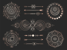 Vector Set Of Sacred Geometric Symbols And Figures On Black Background. Abstract Mystic Signs Collection.