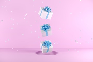 Wall Mural - White Gift box with blue Ribbon color floating on pink background. minimal christmas newyear concept. 3D Render.