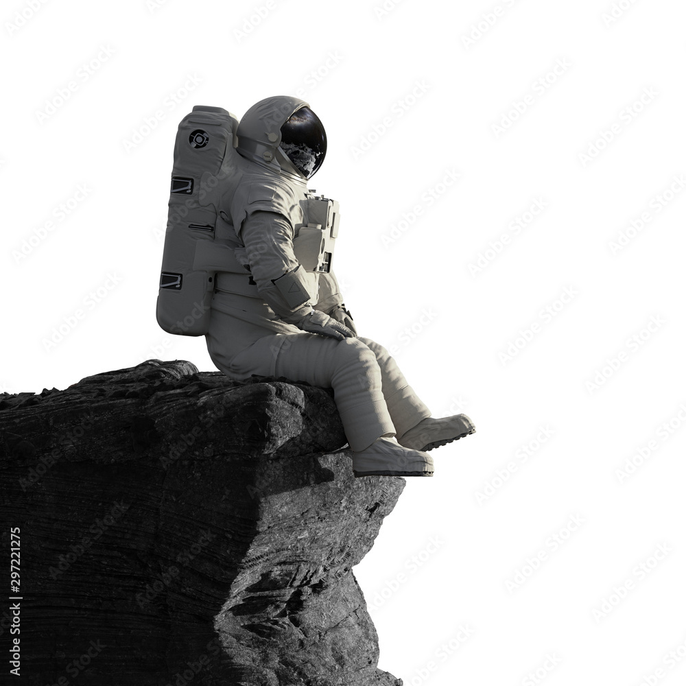 astronaut on the Moon sitting on a cliff, isolated on white background - obrazy, fototapety, plakaty 