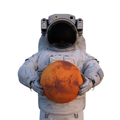 Wall Mural - astronaut holding planet mars, isolated on white background