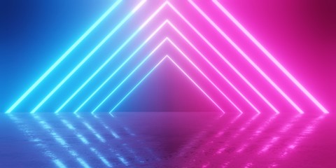 Canvas Print - Abstract blue and red glowing neon light triangles in empty concrete room with shiny reflective floor