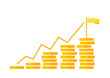 Savings, increasing columns of gold coins isolated on background with flag