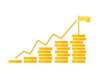 Savings, increasing columns of gold coins isolated on background with flag