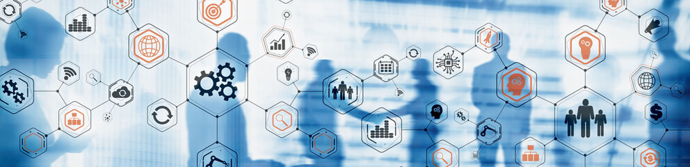 Wall Mural - business structure diagram. gears mechanis and social media on virtual screen.