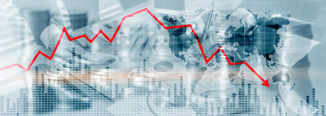 Chart with red down arrow on abstract background. Falling growth in business