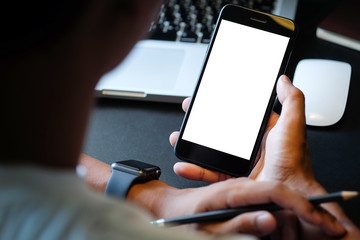 cropped shot view of man hands holding smart phone with blank copy space screen for your text messag