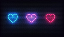 Heart Neon Icons Set. Glowing Bright Red, Purple And Blue Hearts