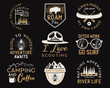 Vintage camp logos, mountain adventure badges set. Hand drawn labels designs. Travel expedition, wanderlust and scouting. Outdoor emblems. Logotypes collection. Stock vector