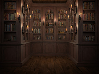 Mysterious library with candle lighting. With vintage books