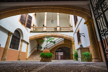 Majorca, Spain - January 8, 2019: Traditional spanish patio at the old historic city center of Palma de Majorca