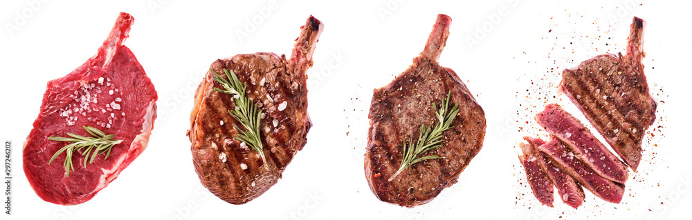 Rib eye steak. Entrecote on the bone. Raw, fried and sliced steaks - obrazy, fototapety, plakaty 