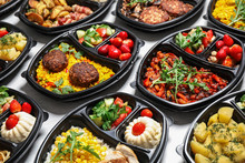 Lunchboxes With Different Meals On White Table. Healthy Food Delivery