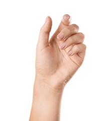 Wall Mural - woman holding something on white background, closeup of hand