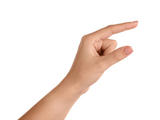 Wall Mural - woman holding something on white background, closeup of hand