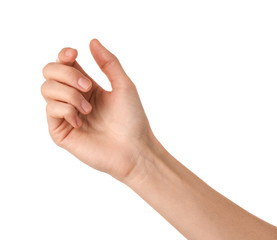 Wall Mural - woman holding something on white background, closeup of hand