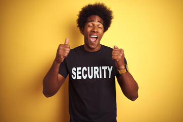 Poster - American safeguard man with afro hair wearing security uniform over isolated yellow background excited for success with arms raised and eyes closed celebrating victory smiling. Winner concept.