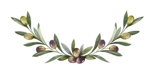 watercolor vector wreath of olive branches and berries.