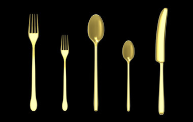 3d rendering. golden Forks Spoon and Knife silverware with clipping path isolated on black background.