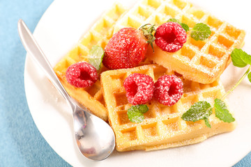 Poster - delicious wafffles with berry fruit and sugar