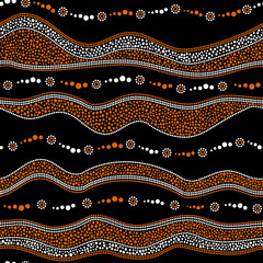 Australian aboriginal seamless vector pattern with dotted circles, rings, suns and crooked stripes