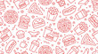 Fast food seamless pattern with vector line icons of hamburger, pizza, hot dog, beverage, cheeseburger. Restaurant menu background, tasty unhealthy lunch