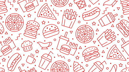 fast food seamless pattern with vector line icons of hamburger, pizza, hot dog, beverage, cheeseburg