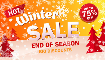 Wall Mural - bright horizontal Sale banner on yellow background with snowflakes. Text - Winter hot sale and if season. Up to 75 off. Final offer. Snow vector illustration.