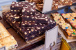 freshly baked slices of chocolate brownies on a market stall in the UK