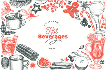 Winter drinks vector design template. Hand drawn engraved style mulled wine, hot chocolate, spices illustrations. Vintage christmas background.