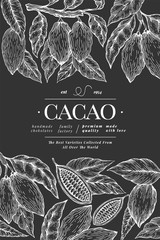 Poster - Cocoa banner template. Vector hand drawn illustration on chalk board. Chocolate cocoa beans background. Vintage style illustration.