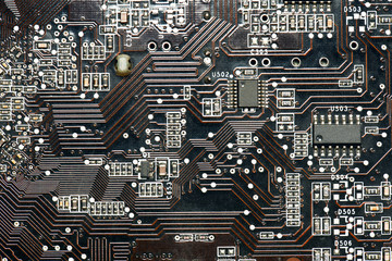 printed circuit board and microchip, or cpu closeup - electronic component for digital equipment, concept for development of electric computer circuits